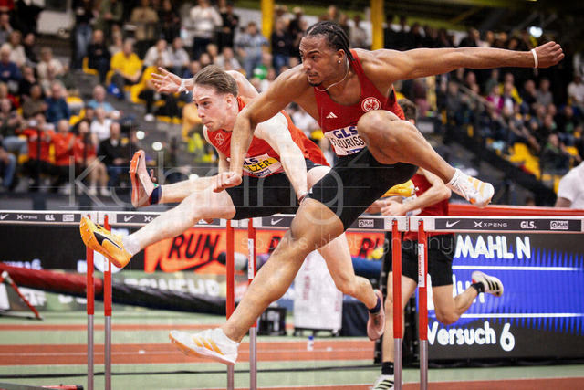 Deutsche Leichtathletik-Hallenmeisterschaften; Dortmund, 28.02.2026 | 60m Hürden: Stefan Volzer (TSV Bayer 04 Leverkusen, 414), Fred Isaac Fleurisson (Eintracht Frankfurt e.V., 166); Deutsche Leichtathletik-Hallenmeisterschaften am 28.02.2026 in der Helmut-Körnig-Halle in Dortmund. 