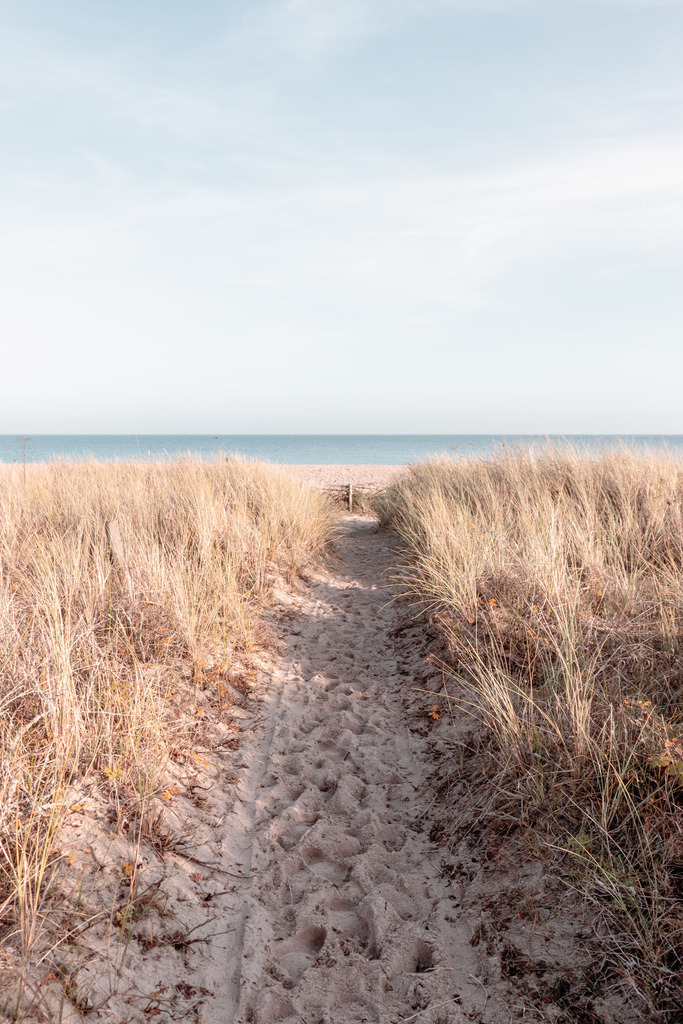 Wandbild: Sandweg ans Meer inmitten von Strandhafer | Dieses Wandbild im Hochformat zeigt einen Sandweg durch ein Feld aus Strandgras ans Meer. Das Meer ist in der Ferne in einem schönen pastellartigen blau zu sehen. Dieses Wandbild hat einen geringen Farbumfang. In der unteren Hälfte erhält das Bild durch den Sand und den Strandhafer einen schönen warmen Beigeton. Der Himmel und das Meer sind pastellartig Blau. Sie lieben maritime Deko? Dann passt dieses Wandbild perfekt zu Ihnen. Verschönern Sie Ihr Zuhause im Wohnzimmer, Schlafzimmer und Küche. Oder schaffen Sie ein tolles Urlaubsflair in Ihrer Ferienwohnung. Die Wandbilder sind auf Leinwand, Aluminium-Platte, Acrylglas oder als Holzdruck erhältlich. Die Wandbilder werden individuell für Sie in vielen Abmessungen produziert. Daher passen die Ostseekult Wandbilder immer perfekt an Ihre Wände. 
 - Realisiert mit Pictrs.com