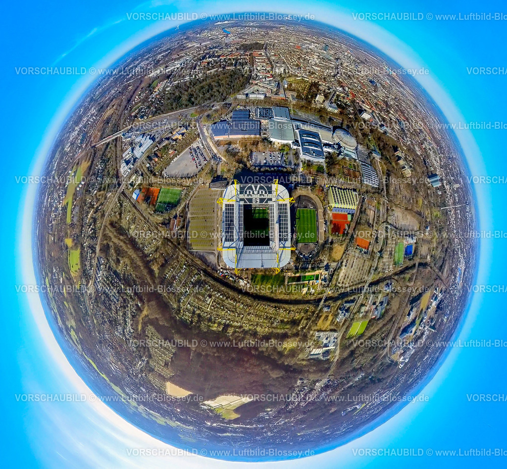 Dortmund240190148BVB_SignalIdunaPark | Luftbild, Westfalenhallen für Events und Veranstaltungen, Signal Iduna Park Bundesligastadion des BVB 09 Borussia Dortmund, auch Westfalenstadion, Stadion Rote Erde, Eisenbahn und S-Bahn Linie, Blick zur Innenstadt, Erdkugel, Fisheye Aufnahme, Fischaugen Aufnahme, 360 Grad Aufnahme, tiny world, little planet, fisheye Bild, Westfalenhalle, Dortmund, Ruhrgebiet, Nordrhein-Westfalen, Deutschland