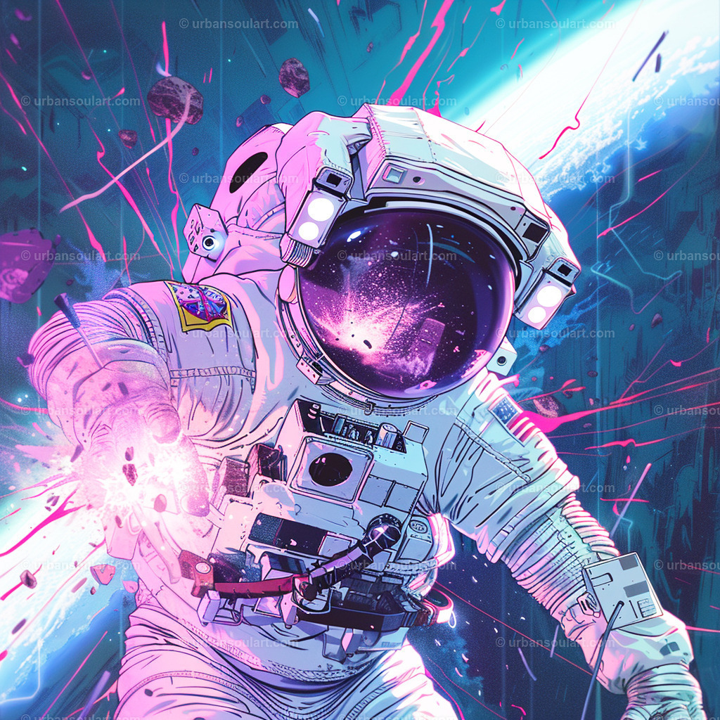 Astronaut Lost In Space | Explore the vastness of the universe with this intense depiction of an astronaut floating against a luminous space backdrop. Bursting with detail and energy, this canvas portrays the surreal beauty of outer space and the solitude of space exploration, ideal for those who dream beyond Earth. - Realisiert mit Pictrs.com