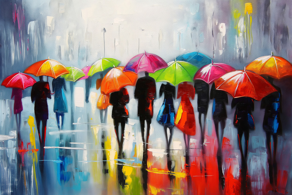 2407037 - Menschen im Regen | Menschen mit bunten Regenschirmen im Stil eines modernen Gemäldes als hochwertiger Kunstdruck. Für Preise, Größen- und Materialauswahl klicken Sie bitte auf "Bestellen.