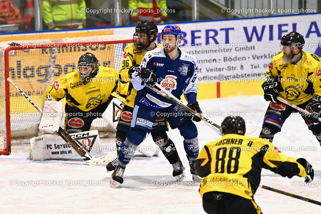 ESC Steindorf vs. EC Hornets Spittal 20.2.2024 | #1 Zauchner Rene EC Hornets Spittal, #96 Peharz Joshua EC Hornets Spittal, #61 Friedrich Daniel ESC Steindorf, #33 Kabas Michael EC Hornets Spittal, ESC Steindorf vs. EC Hornets Spittal 20.2.2024, ESC Steindorf vs. EC Hornets Spittal 20.2.2024 am 20.02.2024 in Steindorf (Ossiachersee Halle), Austria, (Photo by Bernd Stefan)