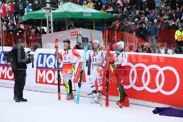 Audi FIS Ski World Cup: Men’s Slalom – Hahnenkamm Race, Kitzbuehel | Kitzbuehel, Austria, 25.Jan.26 - Alpine Skiing - FIS World Cup, Hahnenkamm Race, Slalom, men. The image shows MEILLARD Loic (SUI, Rossignol), STRASSER Linus (GER, Head) and FELLER Manuel (AUT, Atomic).