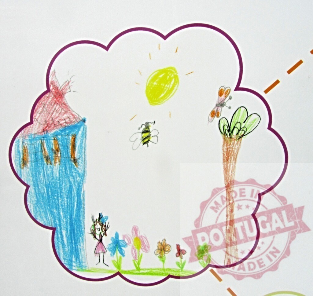 Child drawing illustrating a girl in a colorful natural scene | Child drawing showing a girl, blooming flowers, a house, sun, bee, and butterfly - Realisiert mit Pictrs.com