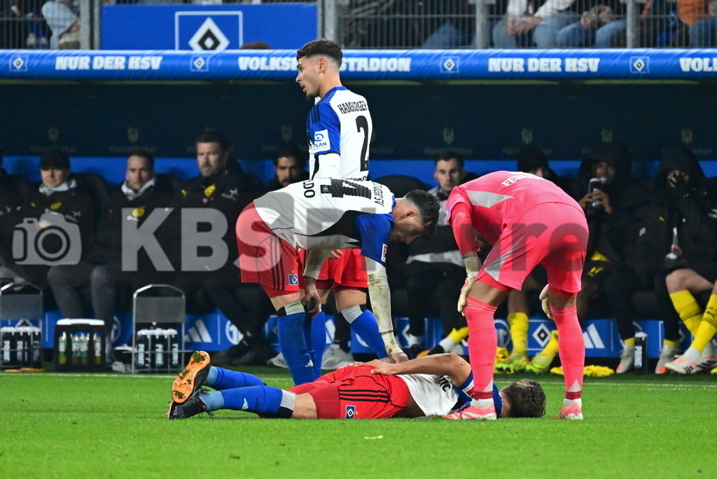 KBS Picture_HSV-Dortmund_072 | v.l. Capaldo Nicolas (HSV) und Heuer Fernandes Daniel (HSV) helfen Vuskovic Luka (HSV) ,Sportplatz :  Volksparkstadion, - Realisiert mit Pictrs.com