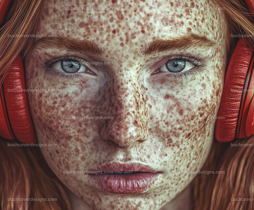 Gesicht einer Frau mit Kopfhörer (95) | girl face with freckles ,pink colored hairs spread over the surface of the image, with a red headphone - studio light - vivid colors - high detail - realistic - photo --chaos 5 --ar 6:5 --weird 100 --v 6.1 Job ID: 6901810e-9f07-4931-8bee-6b4500a21c12