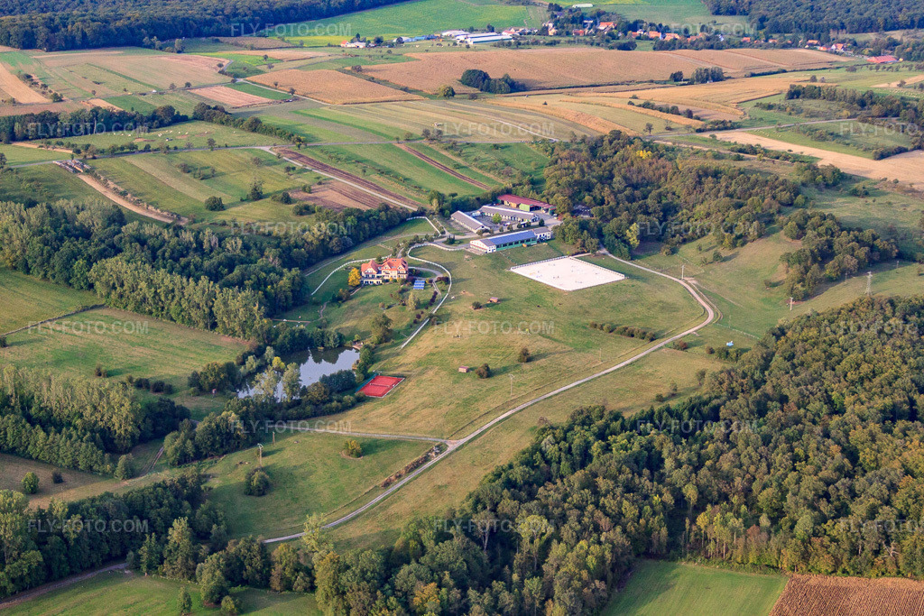 Aerial view: Haras Lerchenberg in Gundershoffen in the state Bas-Rhin, France. – Photo: IMG_53658.jpg taken on 09/30/2012 by Werner Riehm/FLY-FOTO.com – Resolution of the original: 4752 x 3168 px – Haras du Lerchenberg, élevage et vente de chevaux de CSO en Alsace