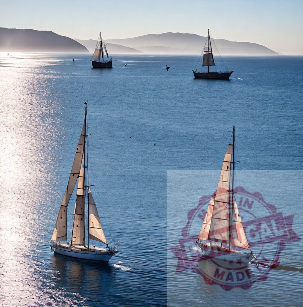 Sailing boats navigating calm blue ocean water. AI Experiments | Sailing boats navigating calm blue ocean with mountains in the background - Realized with Pictrs.com