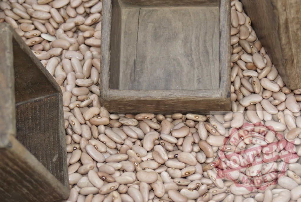 Dry pinto beans filling wooden crates for market | Dry pinto beans spilling from wooden crates, showing a natural food background texture - Realized with Pictrs.com