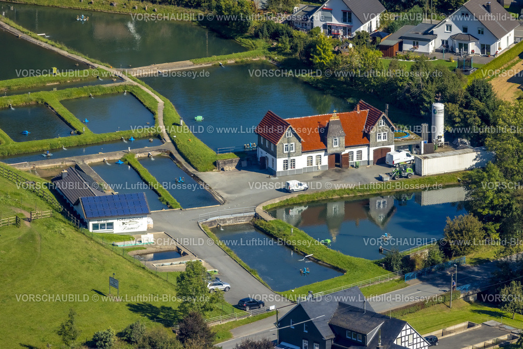 Lennestadt230909868Gleierbrueck | Luftbild, Sauerländer Forellenzucht Thomas Rameil, Fischteiche, Saalhausen, Lennestadt, Sauerland, Nordrhein-Westfalen, Deutschland
