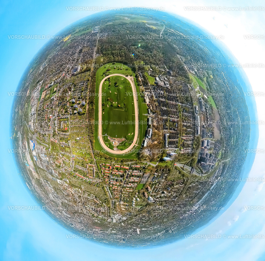 Dortmund230490042WambelRennbahn-topaz | Luftbild, Galopprennbahn Dortmund mit Golfrange, Erdkugel, Fisheye Aufnahme, Fischaugen Aufnahme, 360 Grad Aufnahme, Wambel, Dortmund, Ruhrgebiet, Nordrhein-Westfalen, Deutschland