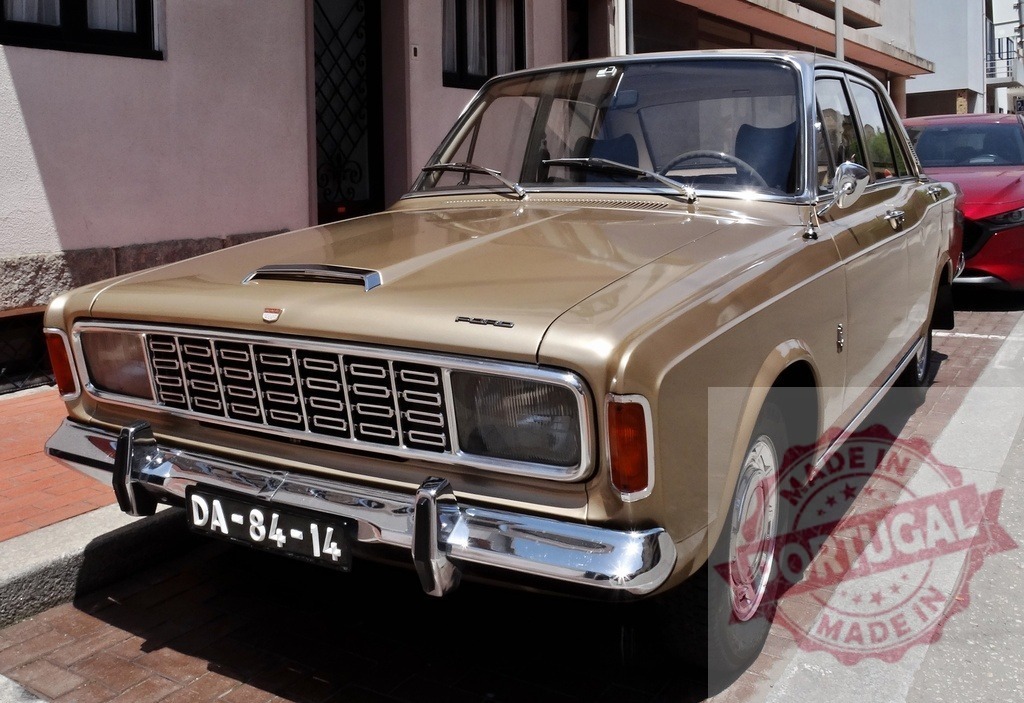 Classic Ford Taunus P3 parked on a street during sunny day | Shiny golden Ford Taunus P3 parked near a building reflecting sunlight - Realized with Pictrs.com