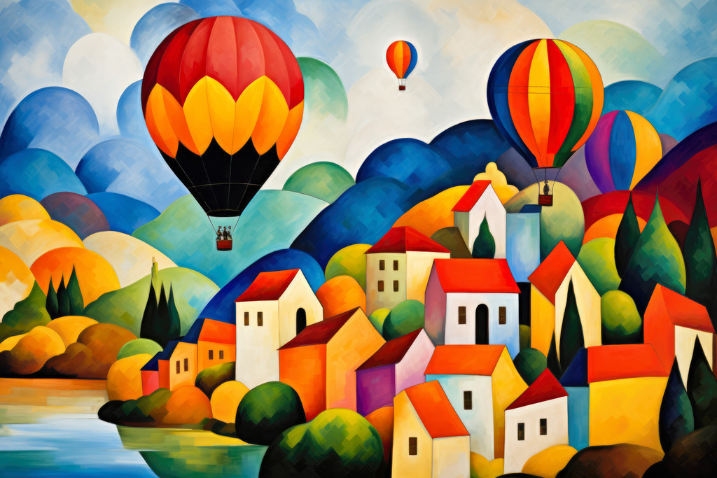 2307155 - Ballonfahrt II | Abstraktes Bild von Heißluftballons über einer kleinen Stadt, das  an den Stil von August Macke erinnert.