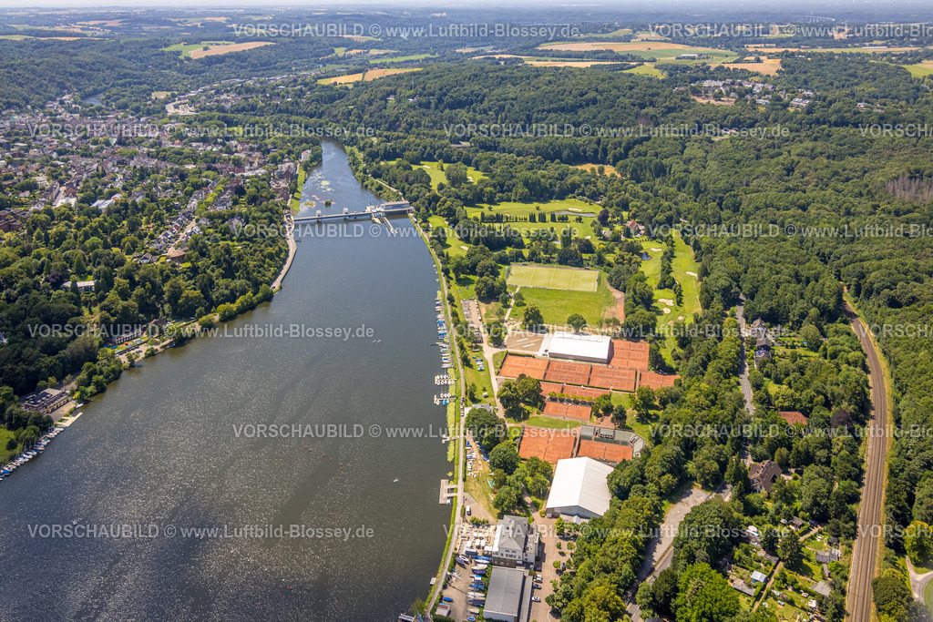 Essen230708080 | Luftbild, ETUF Freizeit-, Sport- und Kulturveranstaltungs GmbH, Tennisplätze und Golfplätze, Stauwehr am Baldeneysee, Bootsanlegestelle AGFS Bootsverein, Bredeney, Essen, Ruhrgebiet, Nordrhein-Westfalen, Deutschland
