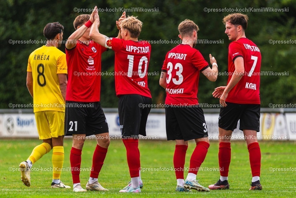 xkwi13072501022 | 13.07.2025, xkwix, Fußball, Testspiel, SV Lippstadt 08 - FSC Rheda, Rasenplatz, Sportanlage Esbeck: Torjubel nach dem Tor zum 1:0 durch Maximilian Franke ( SV Lippstadt 08 #29 ) mit dem Team
