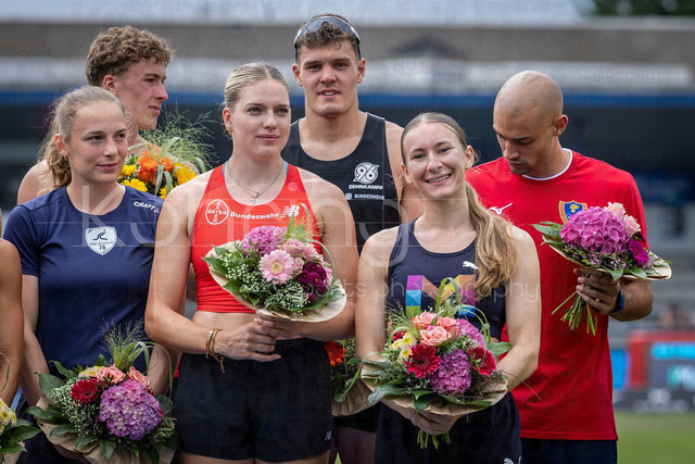 Multisport Event; Ratingen, 28.06.2026 | RATINGEN, GERMANY - JUNE 28, 2026 : Marie Dehning (GER / Germany), Marcel Meyer (GER / Germany), Dario Dester (ITA / Italy) and Emma Kaul (GER / Germany) at the medal ceremony during the Multisport Event at Stadion Ratingen on June 28, 2026 in Ratingen, Germany.