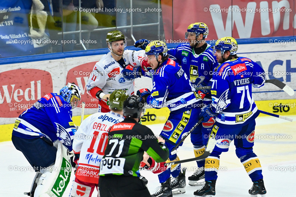EC VSV vs. HC Bozen 16.2.2024 | #1  Jean-Philippe Lamoureux, #11 Digiacinto Cristiano, #2 MACPHERSON Dylan, #84 Andrew Desjardins, #71 Layne Viveiros, EC VSV vs. HC Bozen 16.2.2024, EC VSV vs. HC Bozen 16.2.2024 am 16.02.2024 in Villach (Stadthalle Villach), Austria, (Photo by Bernd Stefan)