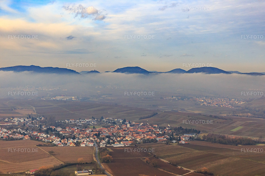 Luftbild: Dorfansicht aus Osten unter Winterhochnebel im Ortsteil Mörzheim in Landau im Bundesland Rheinland-Pfalz in Deutschland. Foto: IMG_096457.jpg vom 02.02.2017 durch Werner Riehm/FLY-FOTO.de