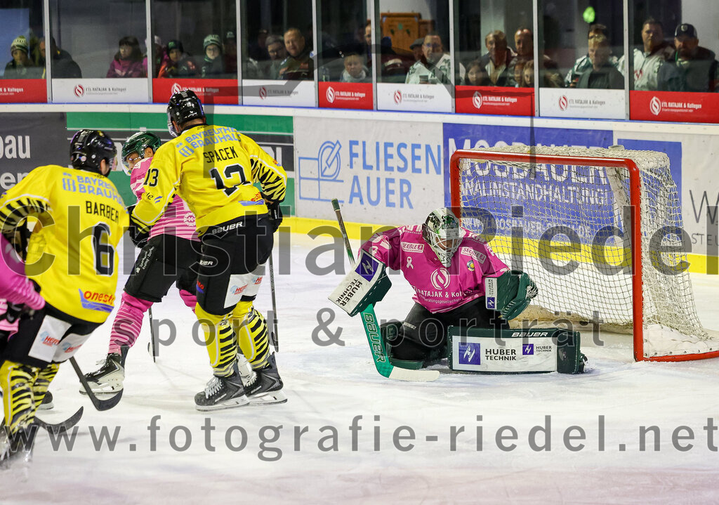 2025-10-10_057_TSV_Erding_gegen_onesto_Tigers_Bayreuth | Erding, Deutschland, 10.10.2025:Eishockey, Oberliga Süd 2025 / 2026, 7. Spieltag, TSV Erding gegen onesto Tigers Bayreuth, Endergebnis: 2:5Alexander Barber (onesto Tigers Bayreuth, #6), Michal Spacek (onesto Tigers Bayreuth, #13), Torwart Leon Meder (Erding Gladiators, #39)Foto: Christian Riedel / fotografie-riedel.net
