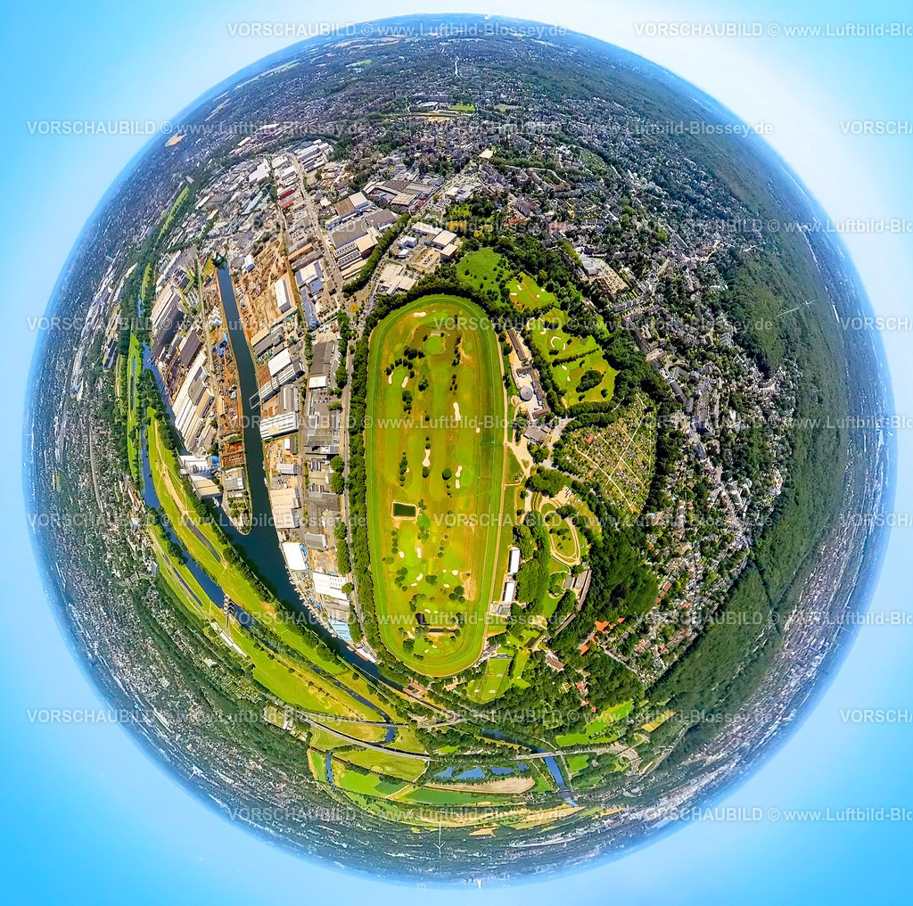 Muelheim230790101_Raffelberg | Luftbild, Raffelberg Golfclub Mülheim an der Ruhr, Galopprennsport Rennclub Mülheim an der Ruhr, Erdkugel, Fisheye Aufnahme, Fischaugen Aufnahme, 360 Grad Aufnahme, tiny world, Speldorf - Nordwest, Mülheim an der Ruhr, Ruhrgebiet, Nordrhein-Westfalen, Deutschland