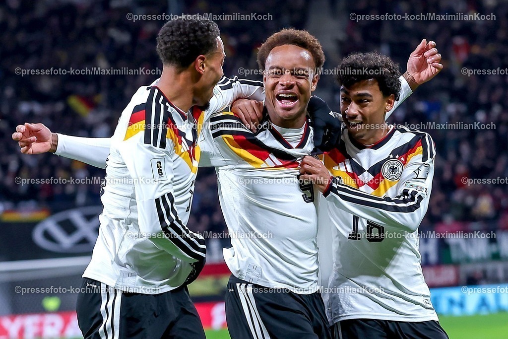 DFB17112503076 | 17.11.2025, Fußball, Länderspiel, WM-Qualifikation Europa, Deutschland - Slowakei, Red Bull Arena (Leipzig), 10. Spieltag, Saison 2025 2026: Torjubel nach dem Tor zum 6:0 durch Torschütze Forzan Assan Ouedraogo (GER #09)  zusammen mit Felix Nmecha (GER #13) Nathaniel Brown (GER #18)   Regulations prohibit any use of photographs as image sequences and or quasi-video.