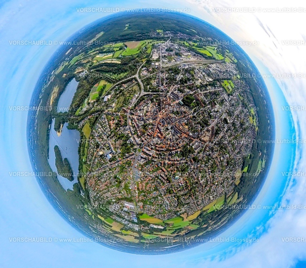 Haltern230990246Mitte | Luftbild, Ortsansicht Haltern, Wohnen und Leben, Halterner Stausee, Erdkugel, Fisheye Aufnahme, Fischaugen Aufnahme, 360 Grad Aufnahme, tiny world, Haltern-Stadt, Haltern am See, Ruhrgebiet, Münsterland, Nordrhein-Westfalen, Deutschland