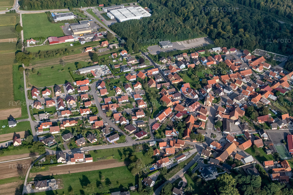 Vue aérienne: Vue de la ville depuis l'ouest à Schaffhouse-près-Seltz dans le département Bas Rhin, France – .Photo: P1000866.jpg prise le 15/09/2014 par Werner Riehm/FLY-FOTO.eu – Résolution de l'original: 5472 x 3648 px