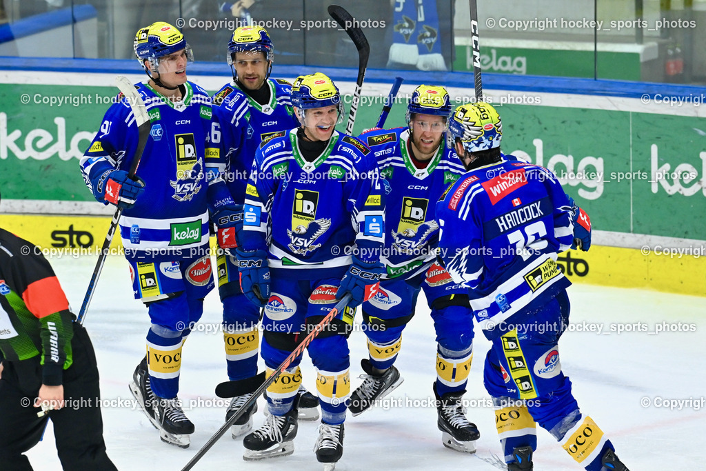 EC VSV vs. HC Bozen 16.2.2024 | Jubel EC VSV, #91 WETZL Niklas,  #46 WALL Alex,   #72 HUGHES John, #55 SABOLIC Robert,  #16 Kevin Hancock,  EC VSV vs. HC Bozen 16.2.2024, EC VSV vs. HC Bozen 16.2.2024 am 16.02.2024 in Villach (Stadthalle Villach), Austria, (Photo by Bernd Stefan)