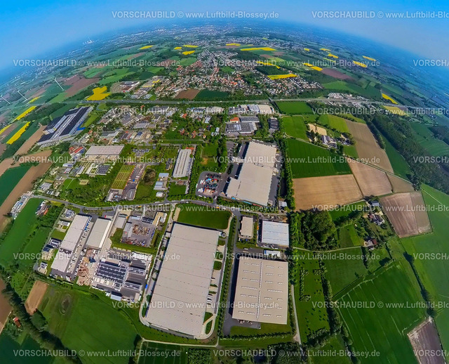 Hamm230520010GewerbegebietRhynern | Luftbild, Gewerbegebiet Rhynern an der Autobahn A2, Erdkugel, Fisheye Aufnahme, Fischaugen Aufnahme, 360 Grad Aufnahme, Stadtbezirk Rhynern, Hamm, Ruhrgebiet, Nordrhein-Westfalen, Deutschland