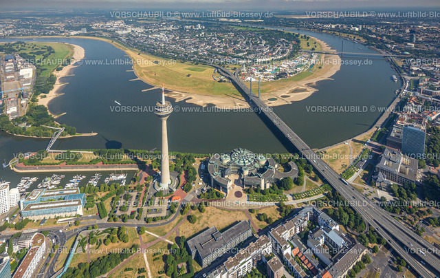 Duesseldorf220700936 | Luftbild, Landtag Nordrhein-Westfalen, Rheinturm, Rheinkniebrücke, RheinKirmes in den Rheinwiesen, Blick nach Oberkassel, Hafen, Düsseldorf, Rheinland, Nordrhein-Westfalen, Deutschland