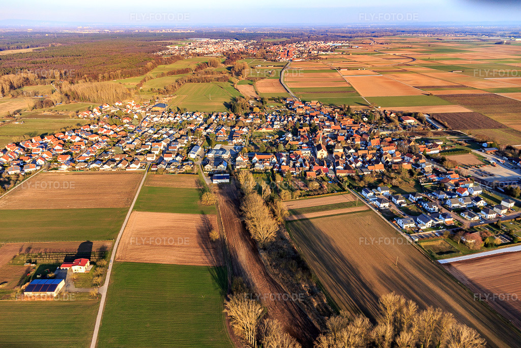 Luftbild: Ortsansicht von Westen in Knittelsheim im Bundesland Rheinland-Pfalz in Deutschland. Foto: IMG_126110.jpg vom 07.03.2021 durch Werner Riehm/FLY-FOTO.de