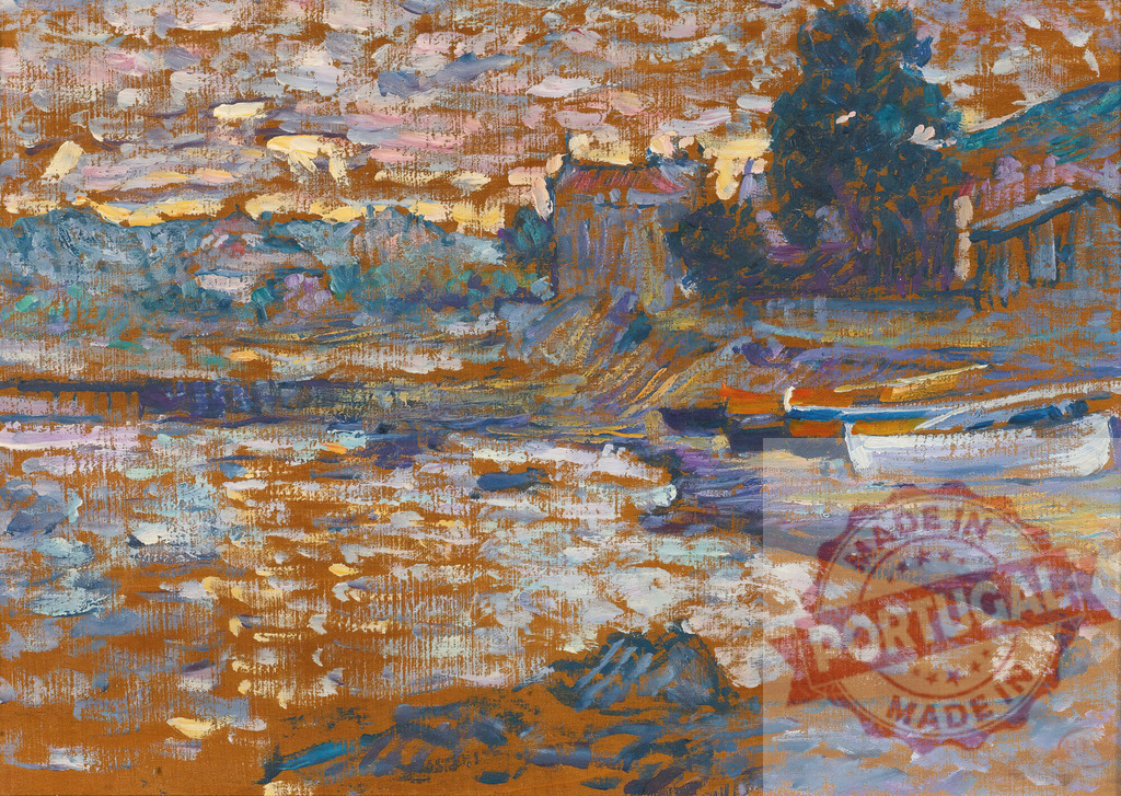 Impressionist harbor painting with boats on shoreline at sunset. Henri Edmund Cross | Impressionist oil painting depicting a harbor scene with boats on the shore during a sunset - Realisiert mit Pictrs.com