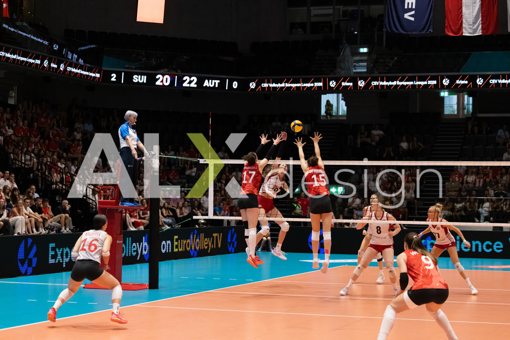 Austria v Switzerland - CEV European League Women | KRIENS, SWITZERLAND - JUNE 14: ANAMARIJA GALIC of Austria attack / spike against JULIE LENGWEILER of Switzerland and ALIX DE MICHELI of Switzerland double block during the CEV European League match between Austria and Switzerland at Pilatus Arena on June 14, 2026 in Kriens, Switzerland. - Realisiert mit Pictrs.com