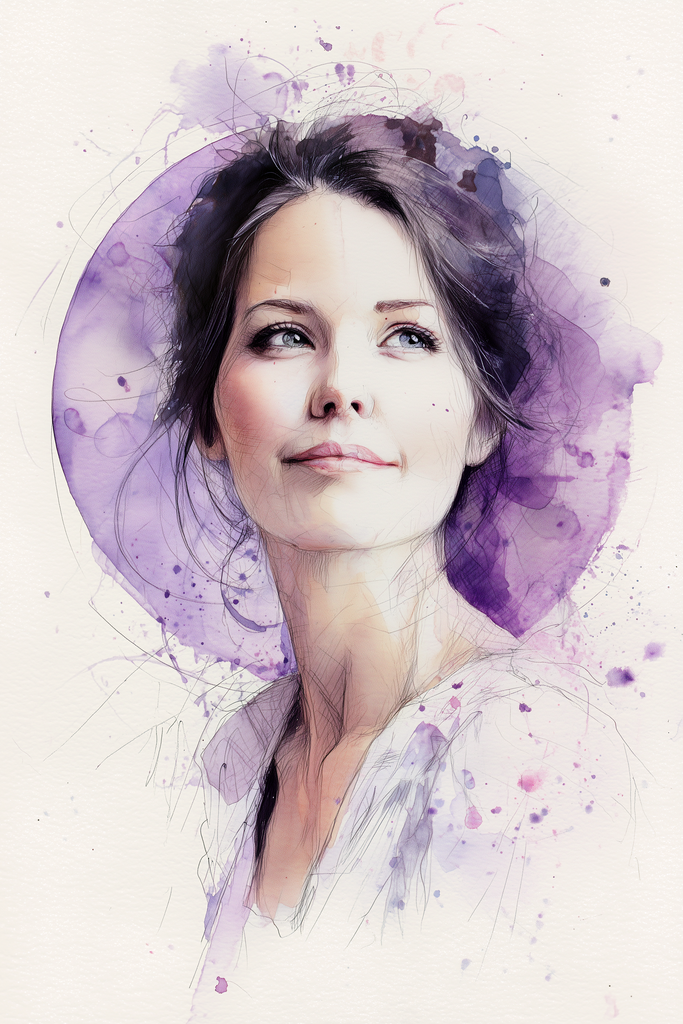 Poster: HER ECHO – The Memory | Nostalgisches Frauenportrait im Aquarellstil mit lila Farbkreis aus der Poster-Kollektion HER ECHO. - Realisiert mit Pictrs.com