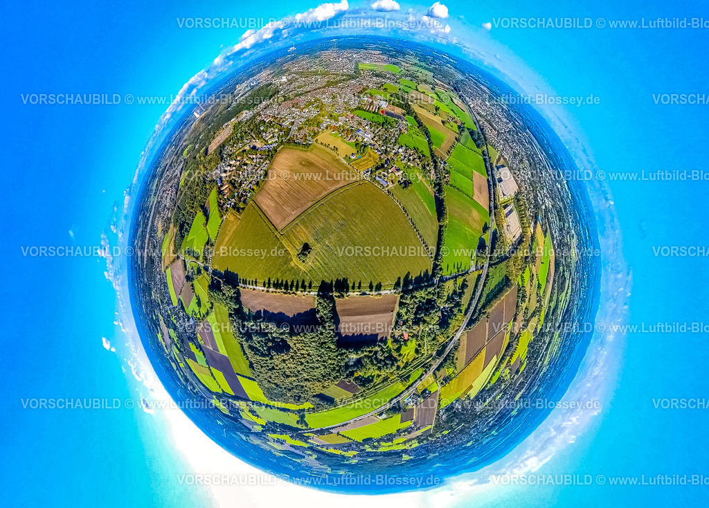 Bergkamen241090081Maiwald | Luftbild, Emscher Landschaftspark Grünzug, Buckenstraße Ecke Lünener Straße, Wiesen und Felder und Maiwald, Erdkugel, Fisheye Aufnahme, Fischaugen Aufnahme, 360 Grad Aufnahme, tiny world, little planet, fisheye Bild, Oberaden, Bergkamen, Ruhrgebiet, Nordrhein-Westfalen, Deutschland