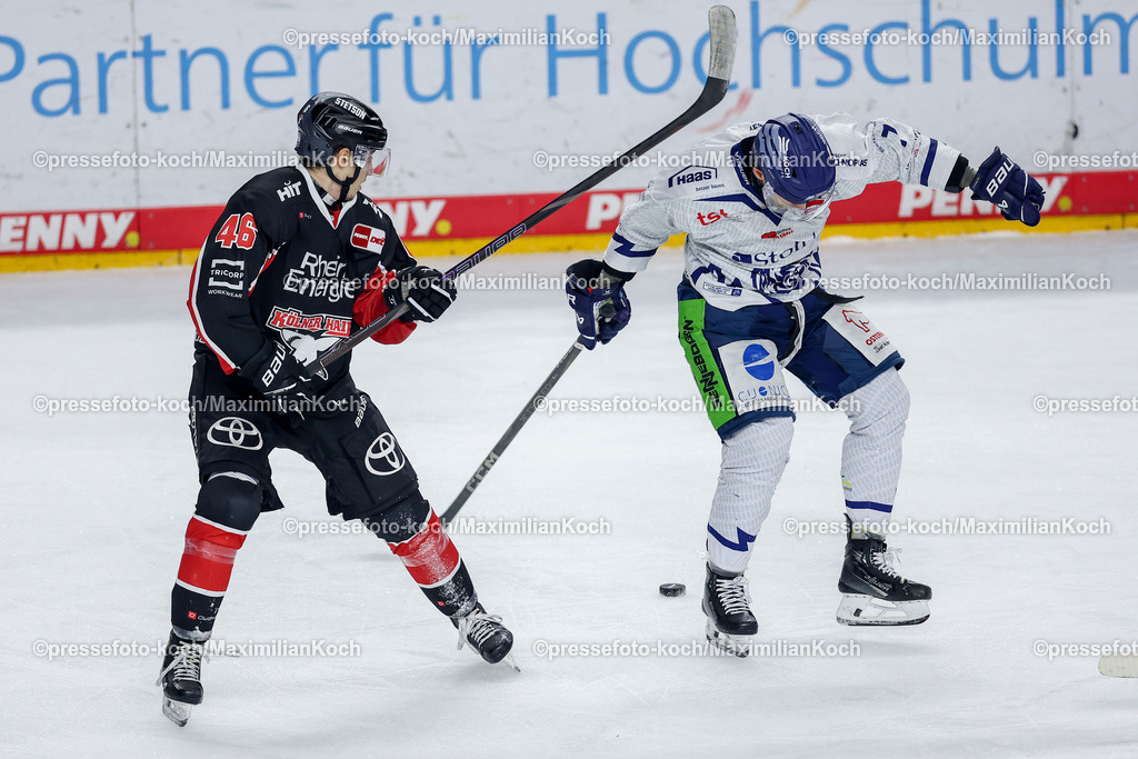 KEC22122401029 | 22.12.2024, Eishockey, DEL, Kölner Haie - Straubing Tigers, Spieltag 29, Lanxess-Arena Köln: Kevin Niedenz (Kölner Haie #46) gegen Taylor Leier (Straubing Tigers #7)