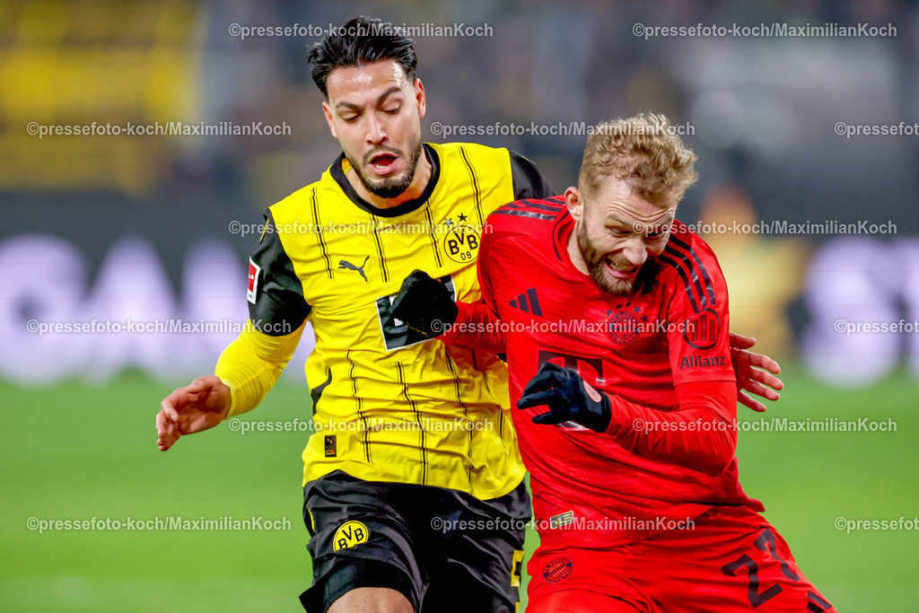 BVB30112401061 | 30.11.2024, Borussia Dortmund - FC Bayern München, 1. Fußball Bundesliga, 12. Spieltag, Signal Iduna Park, Saison 2024 2025: Zweikampf Ramy Bensebaini (BVB #5) gegen Konrad Laimer (Bayern #27)DFB regulations prohibit any use of photographs as image sequences and or quasi-video.
