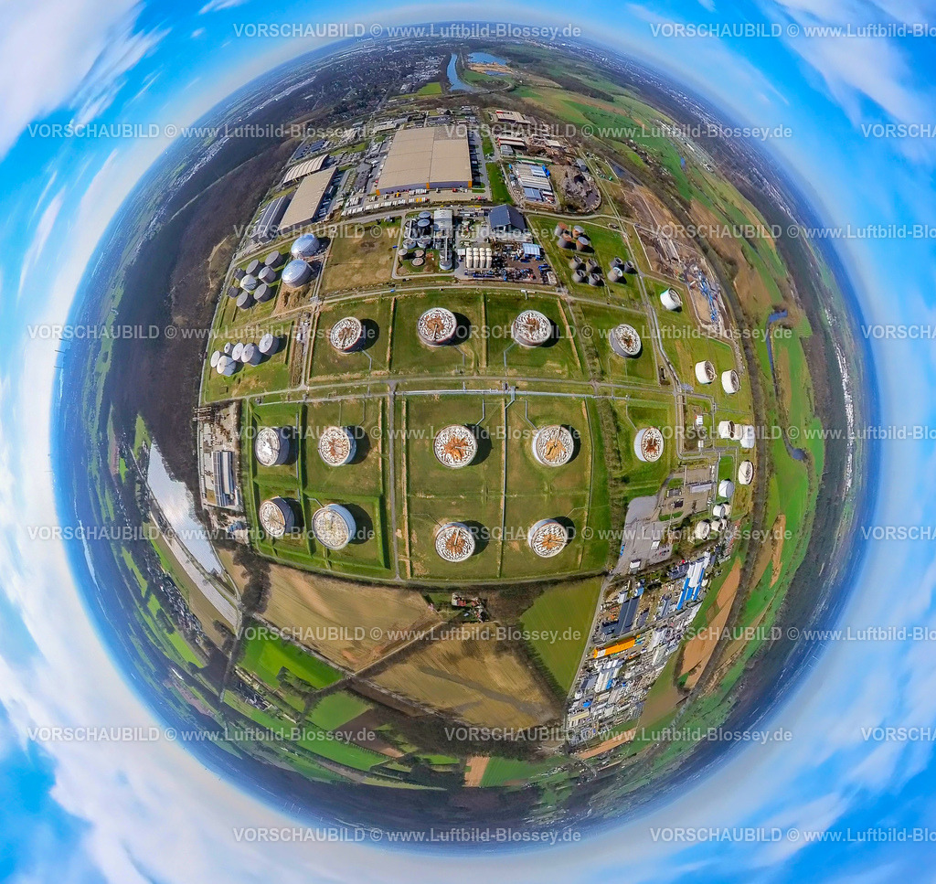 Huenxe240390039GewerbegebietTanklager | Luftbild, TanQuid GmbH & Co.KG Tanklager Hünxe, hinten das Gewerbegebiet Industrie- und Gewerbepark (IGP Hünxe) Bucholtwelmen-West, Erdkugel, Fisheye Aufnahme, Fischaugen Aufnahme, 360 Grad Aufnahme, tiny world, little planet, fisheye Bild, Bucholtwelmen, Hünxe, Nordrhein-Westfalen, Deutschland