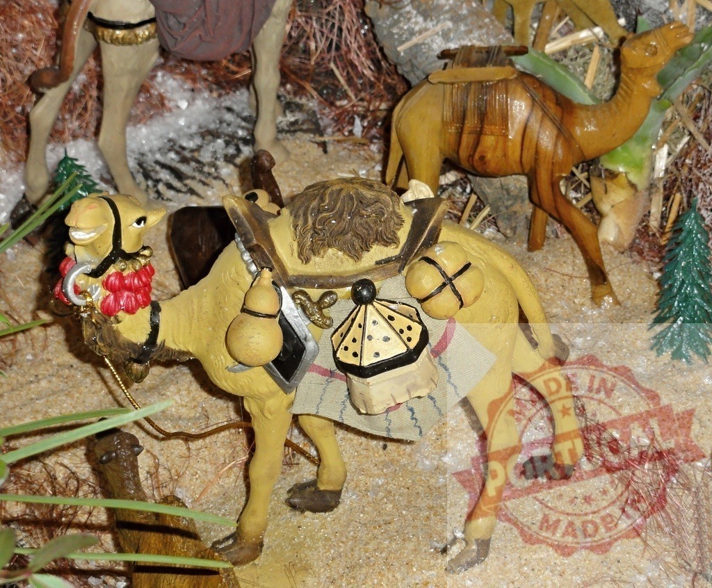Decorated camel carrying gifts for Baby Jesus in the Nativity scene | Camel figurine carrying gifts in a Christmas Nativity scene, celebrating the birth of Jesus - Realisiert mit Pictrs.com