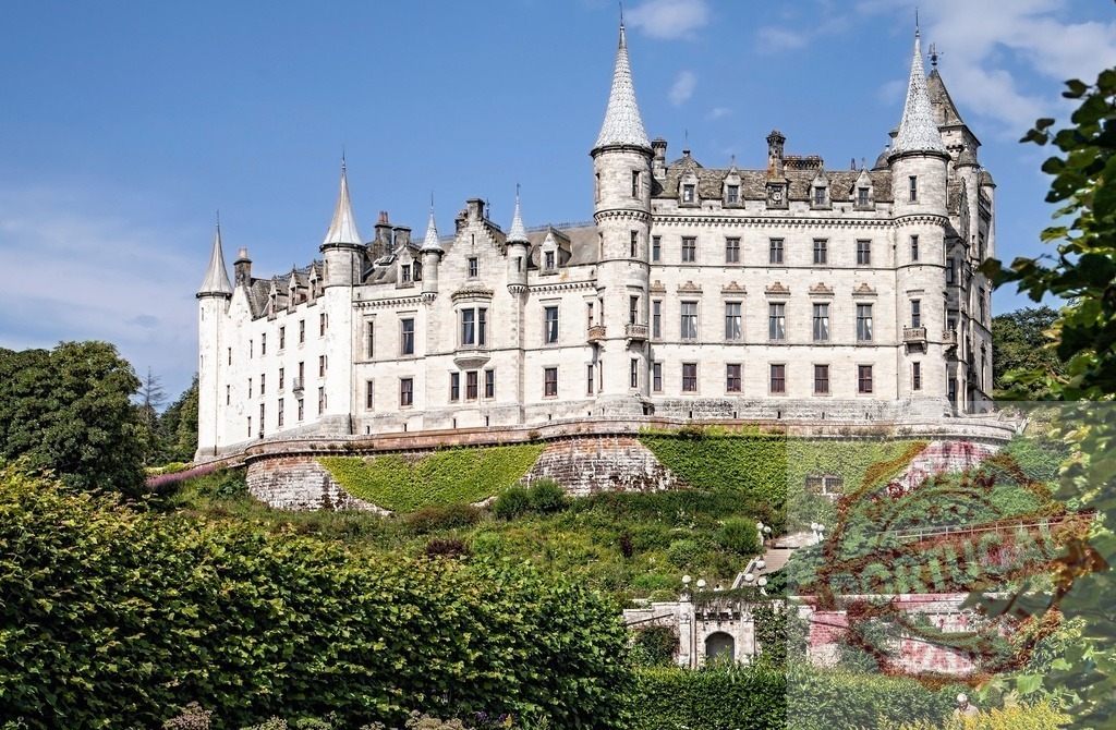 Dunrobin Castle, Scotland, historic architecture on sunny day | Dunrobin Castle standing majestically on a hill surrounded by green gardens under a clear blue sky - Realisiert mit Pictrs.com