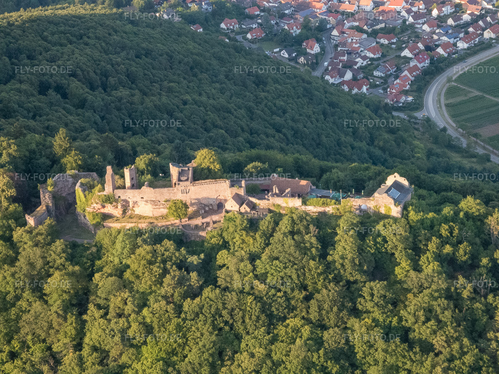 Luftbild: Burgruine Madenburg aus Westen in Eschbach im Bundesland Rheinland-Pfalz in Deutschland. Foto: P7130220.jpg vom 13.07.2017 durch Werner Riehm/FLY-FOTO.de – Madenburg