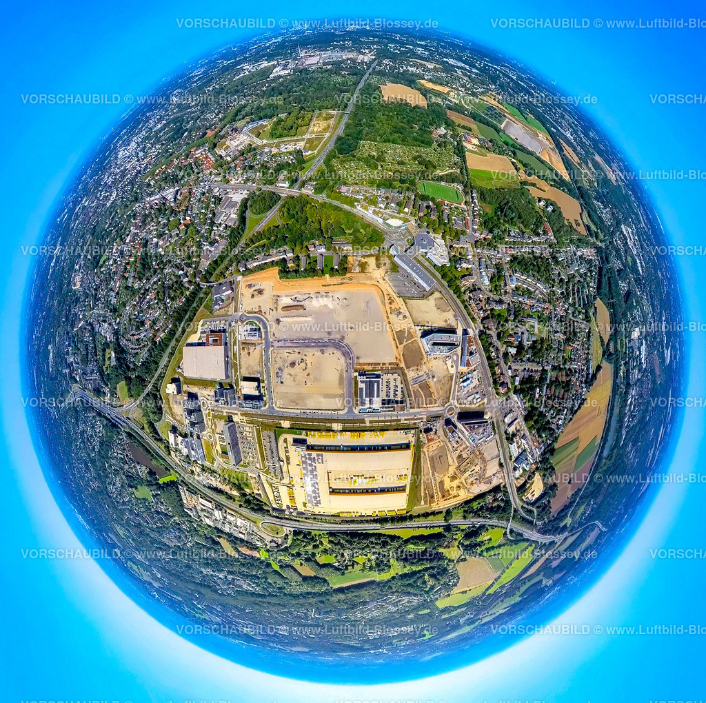 Bochum240890847_O-Werk_DHL | Luftbild, Großbaustelle Mark 51/7, Wissenschaftsquartier und Technologiequartier, O-Werk Campus und  DHL Logistik, ehemaliges Opel Areal an der Autobahn A448, oben die Baustelle Feldmark Ostpark und Friedhof Bochum, Erdkugel, Fisheye Aufnahme, Fischaugen Aufnahme, 360 Grad Aufnahme, tiny world, little planet, fisheye Bild, Laer, Bochum, Ruhrgebiet, Nordrhein-Westfalen, Deutschland