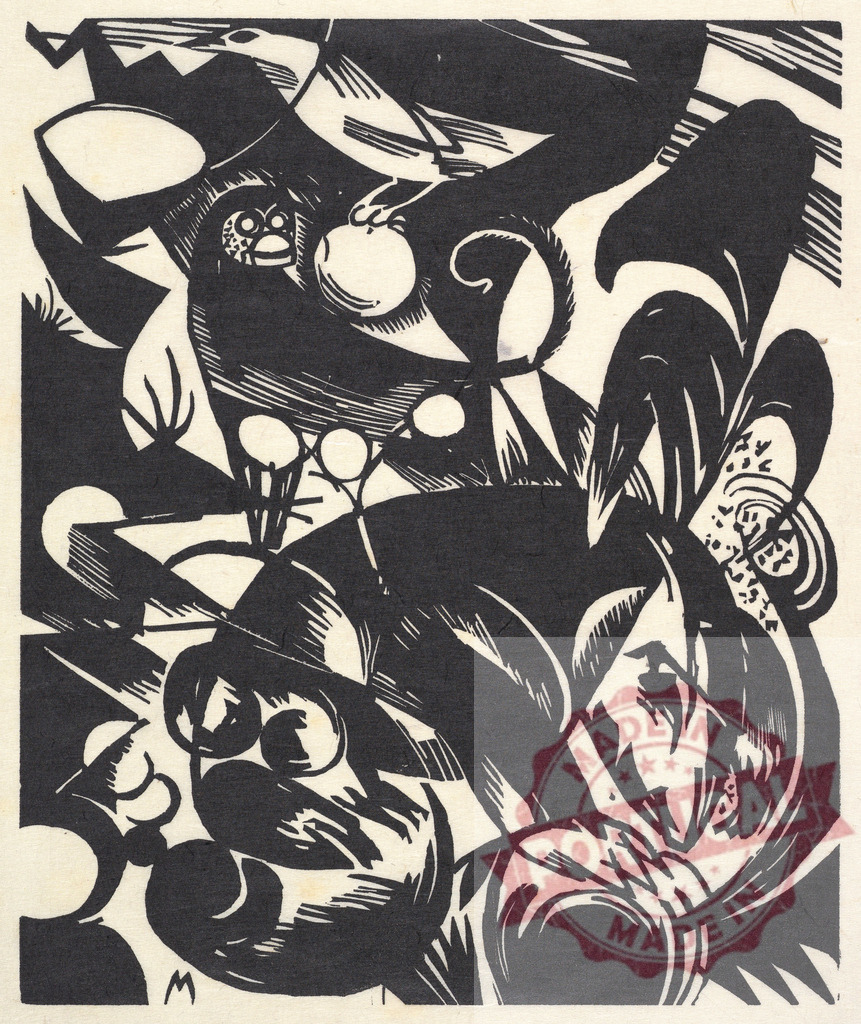 Franz Marc Expressionist woodcut abstraction depicting animal forms | Abstract woodcut showing bold black shapes forming expressive animals and organic elements - Realized with Pictrs.com