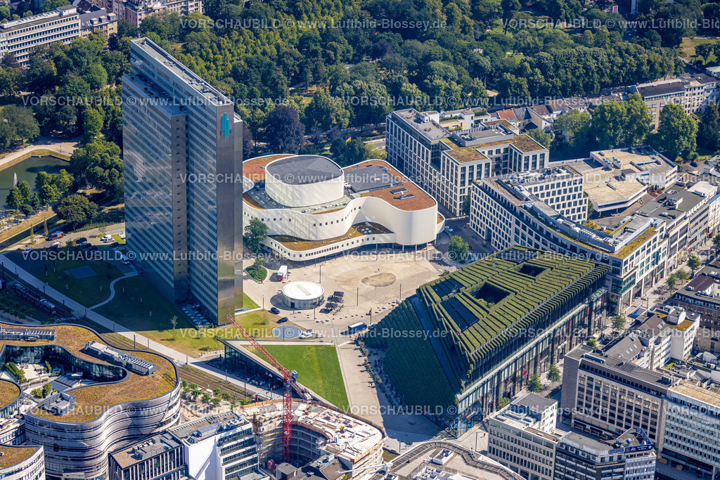 Duesseldorf220701098 | Luftbild, Gustaf-Gründgens-Platz, Dreischeibenhaus, Düsseldorfer Schauspielhaus, Baustelle Neubau Kö Bogen II, begrüntes Kauf- und Bürohaus Ingenhoven-Tal, Düsseldorf, Rheinland, Nordrhein-Westfalen, Deutschland