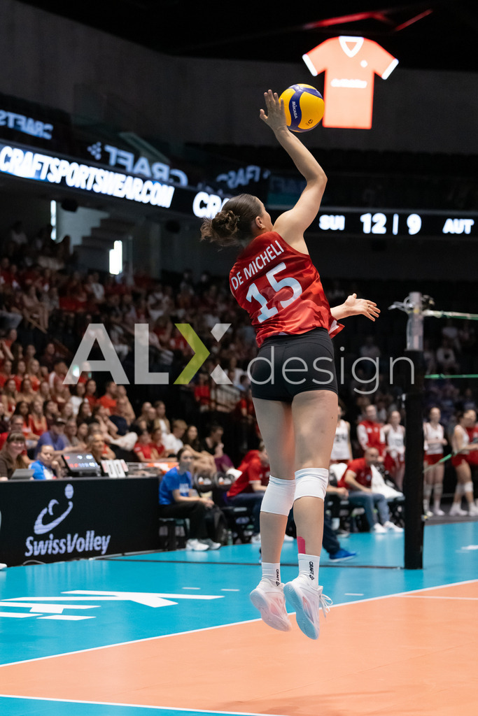 Austria v Switzerland - CEV European League Women | KRIENS, SWITZERLAND - JUNE 14: ALIX DE MICHELI of Switzerland serve during the CEV European League match between Austria and Switzerland at Pilatus Arena on June 14, 2026 in Kriens, Switzerland. - Realisiert mit Pictrs.com