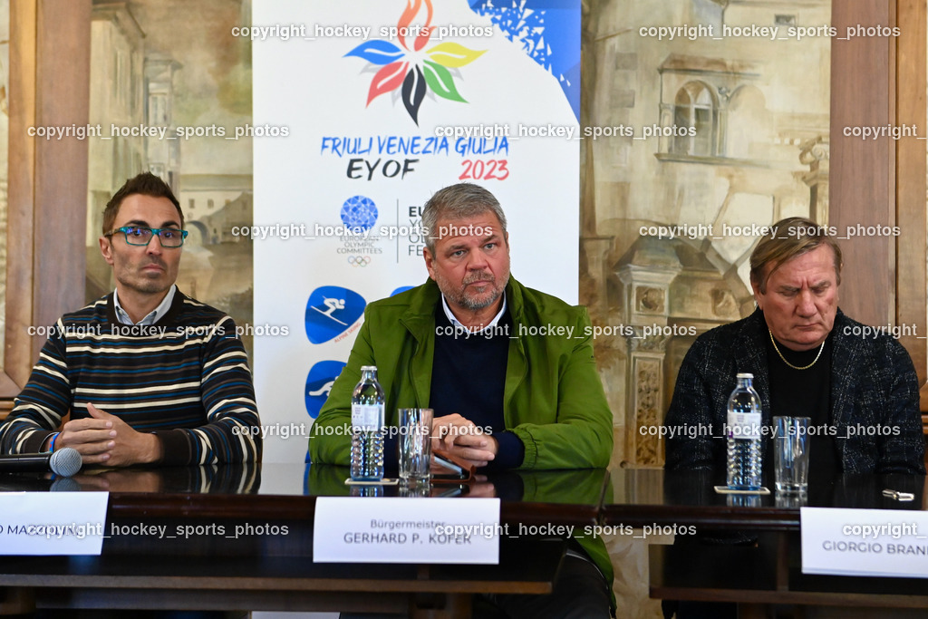 European Youth Olympic Festival EYOF 2023 Pressekonferenz | Stefano Mazzolini, Bürgermeister Spittal an der Drau Gerhard Köfer, Giorgio Brandolin