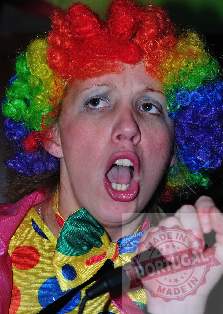 Woman wearing colorful clown wig singing with microphone | Female clown holding a microphone and singing during a performance, wearing a colorful wig and costume - Realisiert mit Pictrs.com