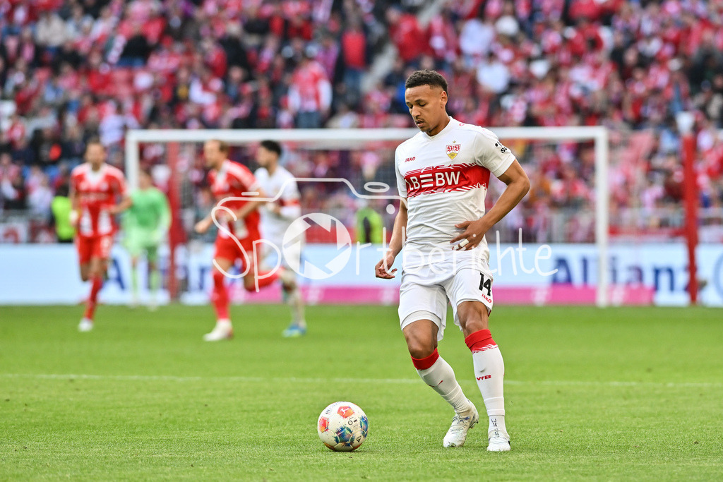 FC Bayern München - VfB Stuttgart | MUNICH, GERMANY - 19. APRIL: with Ball Luca Antony JAQUEZ (VfB Stuttgart 14) during the Bundesliga Match between FC Bayern Munich vs. VfB Stuttgart at Matchday 30 at Allianz Arena / DFL REGULATIONS PROHIBIT ANY USE OF PHOTOGRAPHS AS IMAGE SEQUENCES AND/OR QUASI-VIDEO