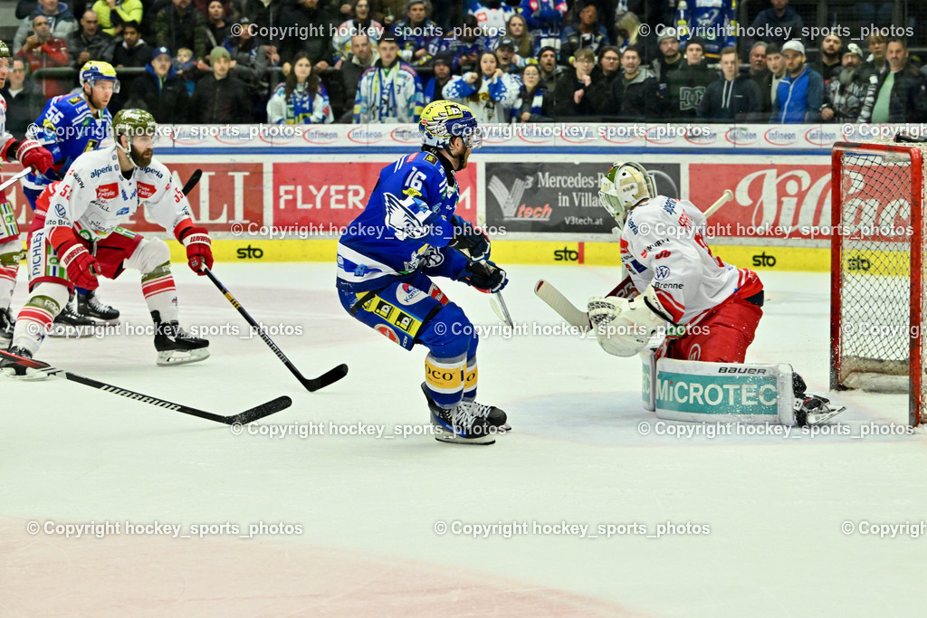 EC VSV vs. HC Bozen 16.2.2024 | #16 Kevin Hancock,  #38 Harvey Sam, EC VSV vs. HC Bozen 16.2.2024, EC VSV vs. HC Bozen 16.2.2024 am 16.02.2024 in Villach (Stadthalle Villach), Austria, (Photo by Bernd Stefan)