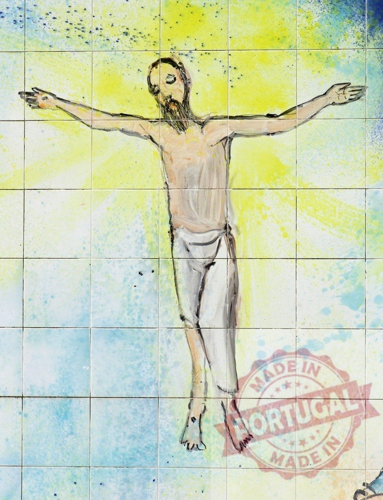 Jesus Christ mosaic art on ceramic tiles | Jesus Christ depicted on tiles, radiating light with outstretched arms in a spiritual mosaic artwork - Realisiert mit Pictrs.com